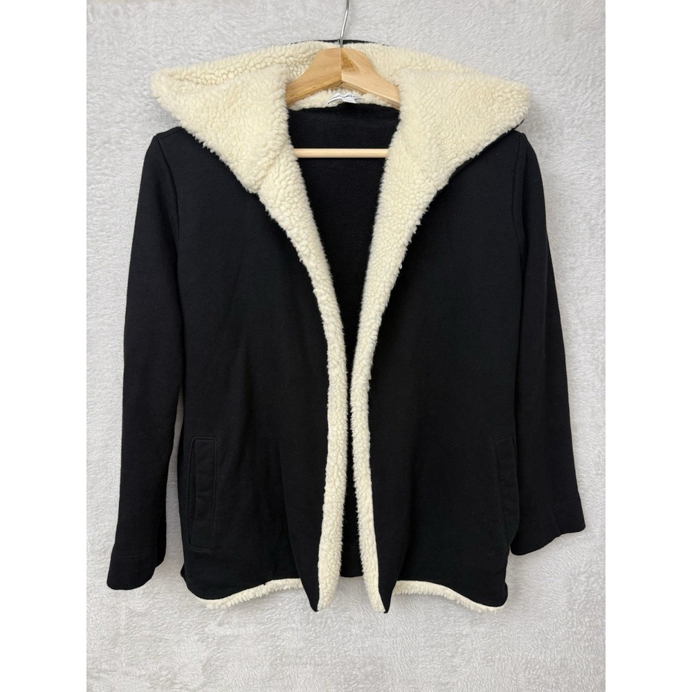 James Perse Black Sherpa Trim Hooded Coat Open Cardigan Shawl Cozy Quiet Luxury